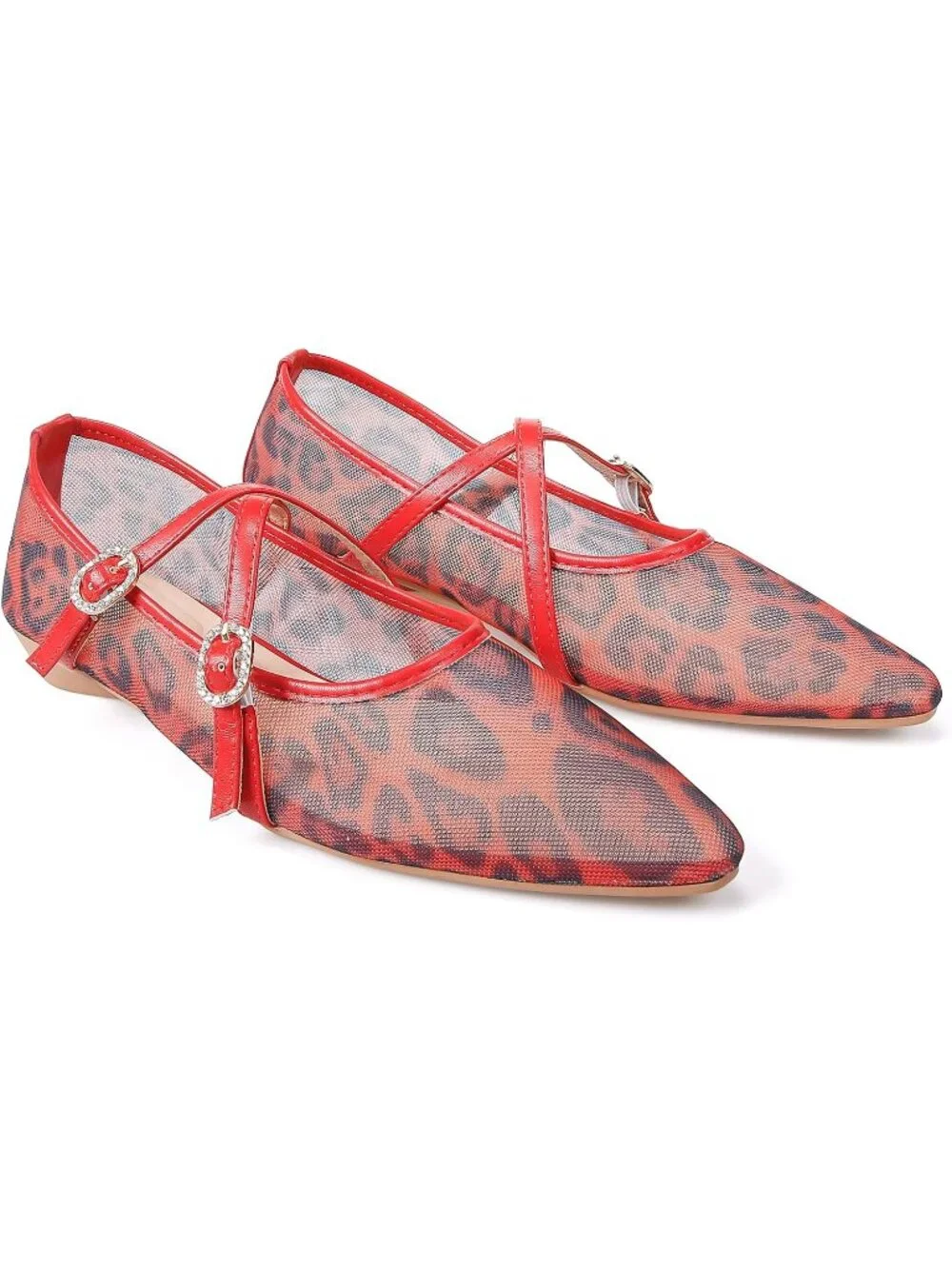Women's Red Leopard Mesh Flats Cross Ankle Strap Flat Slip On Comfortable